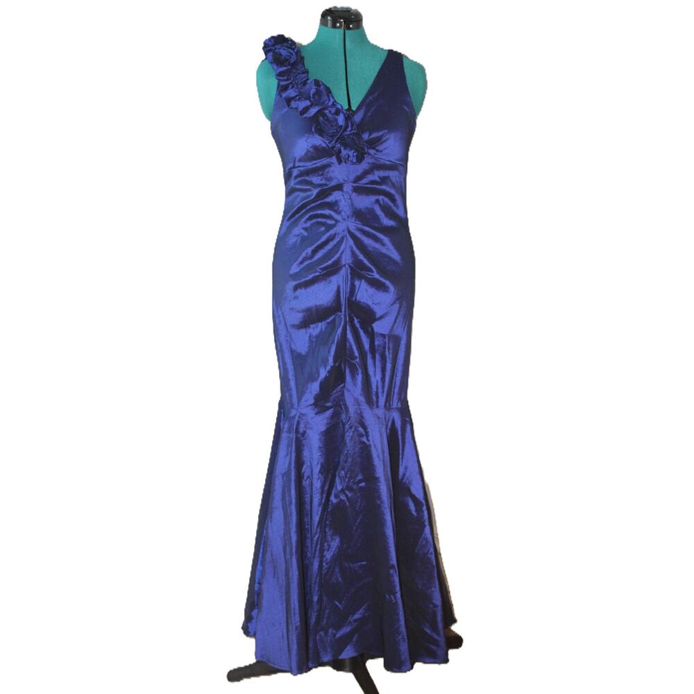 R & M Richards Royal Blue One-Shoulder Floral-Accent Midi Dress